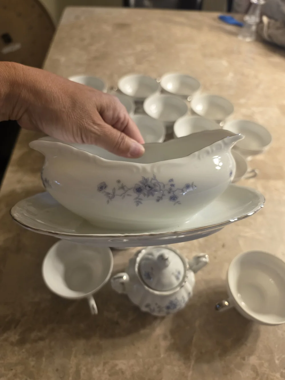 Elegant White Porcelain Tea Set with Blue Floral Accents 20 Pieces